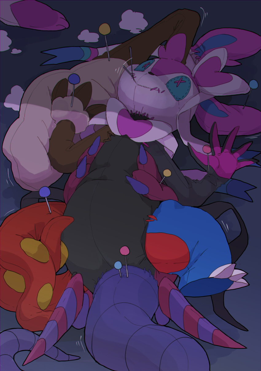 absurd_res ambiguous_gender arbok body_horror bound dismemberment eeveelution hi_res lopunny nintendo octillery patchwork_creature pinned plush_stuffing plushie plushification pok&eacute;mon pok&eacute;mon_(species) ribbons salamence salazzle scolipede solo stitch_(sewing) sylveon video_games winte x_eyes