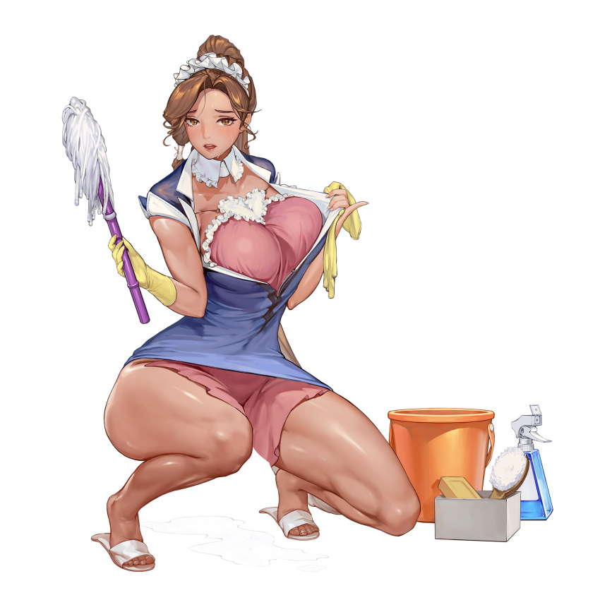 1girl apron bangs belt bottle box breasts brown_eyes bucket cleaning_brush collar covered_navel curvy dark-skinned_female dark_skin detached_collar dress full_body game_cg gloves highres large_breasts last_origin long_hair looking_at_viewer maid maid_headdress miss_safety mop official_art parted_bangs pink_apron puddle pulled_by_self revealing_clothes rorobomb sandals shirt short_dress simple_background soap solo spray_bottle squatting tachi-e thighs tiptoes toned transparent_background undressing upskirt wide_hips yellow_gloves
