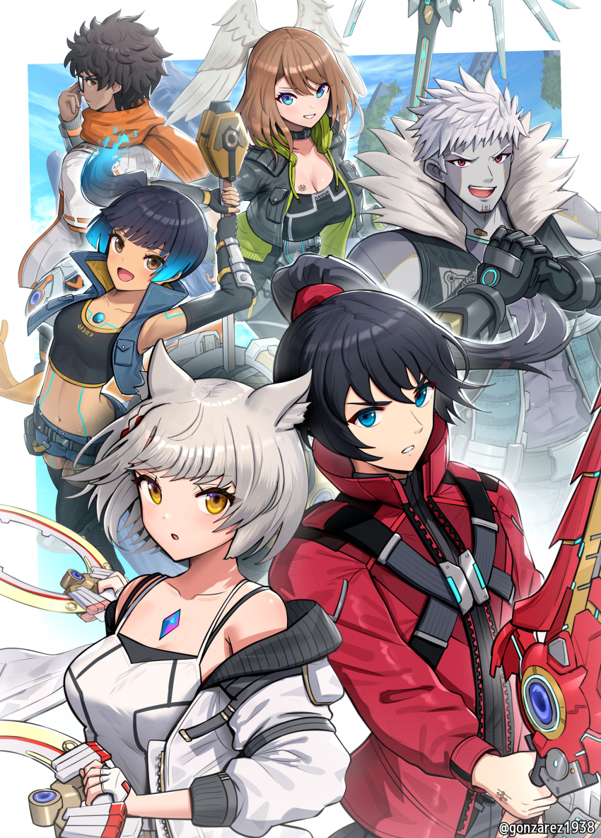 3boys 3girls :d absurdres animal_ears back-to-back black_hair blue_eyes breasts brown_eyes cat_ears chakram chest_jewel cleavage colored_skin cracking_knuckles crop_top eunie_(xenoblade) gloves glowing_lines gonzarez grey_hair grey_skin head_wings highres lanz_(xenoblade) large_breasts leaning_forward looking_at_viewer mio_(xenoblade) multiple_boys multiple_girls noah_(xenoblade) ponytail red_eyes sena_(xenoblade) short_hair smile sword taion_(xenoblade) weapon xenoblade_chronicles_(series) xenoblade_chronicles_3 yellow_eyes