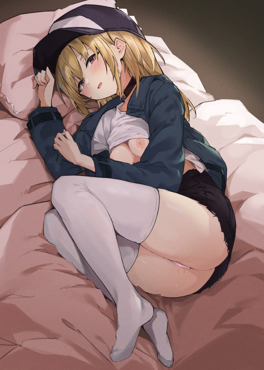 0shino 1girl absurdres ass bangs baseball_cap bed bed_sheet black_skirt blonde_hair blue_headwear blue_jacket breasts brown_hair clothes_lift commentary_request hat highres jacket long_hair looking_at_viewer lying nipples on_bed on_side open_mouth original panties pillow pink_panties shirt shirt_lift skirt small_breasts solo thighhighs thighs underwear white_shirt
