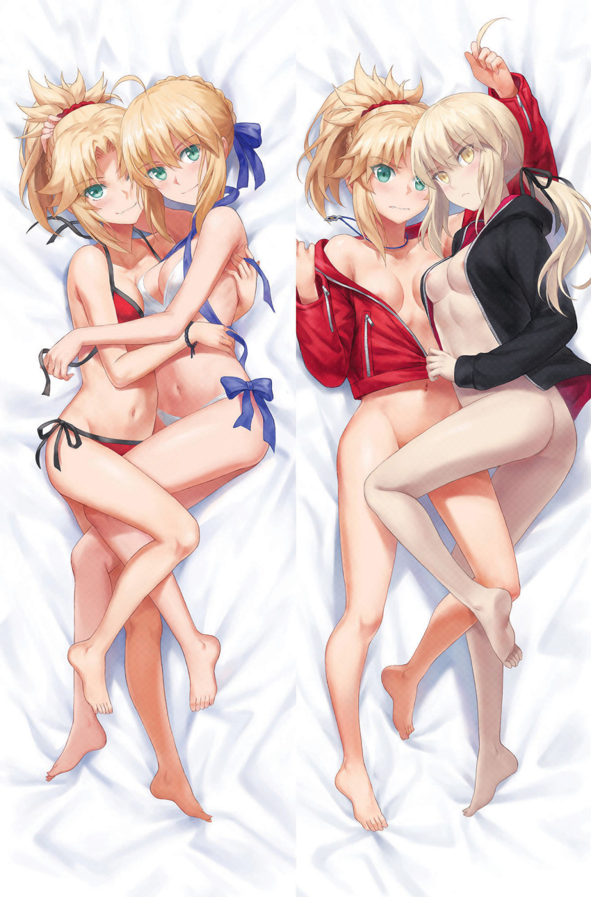 4girls ahoge ahoge_removed areola_slip artoria_pendragon_(fate) artoria_pendragon_(swimsuit_archer)_(fate) ass bangs barefoot bed_sheet bikini black_jacket black_ribbon blonde_hair blue_ribbon blush bottomless bracelet braid breasts bred_jacket butt_crack closed_mouth collarbone dakimakura_(medium) detached_hair fang fate/apocrypha fate/grand_order fate_(series) feet french_braid full_body green_eyes hair_ornament hair_ribbon hair_scrunchie hand_on_another's_back hand_on_another's_head hand_on_another's_waist highres hug jacket jewelry legs long_hair long_sleeves looking_at_viewer low_ponytail medium_breasts mordred_(fate) mordred_(memories_at_trifas)_(fate) mordred_(swimsuit_rider)_(fate) mother_and_daughter multiple_girls multiple_persona multiple_views naked_jacket navel necklace open_clothes open_jacket pale_skin parted_bangs ponytail red_scrunchie ribbon saber_alter_(ver._shinjuku_1999)_(fate) scrunchie side-tie_bikini sidelocks small_breasts smile soles swimsuit toes tonee untied untied_bikini unzipped yellow_eyes zipper zipper_pull_tab