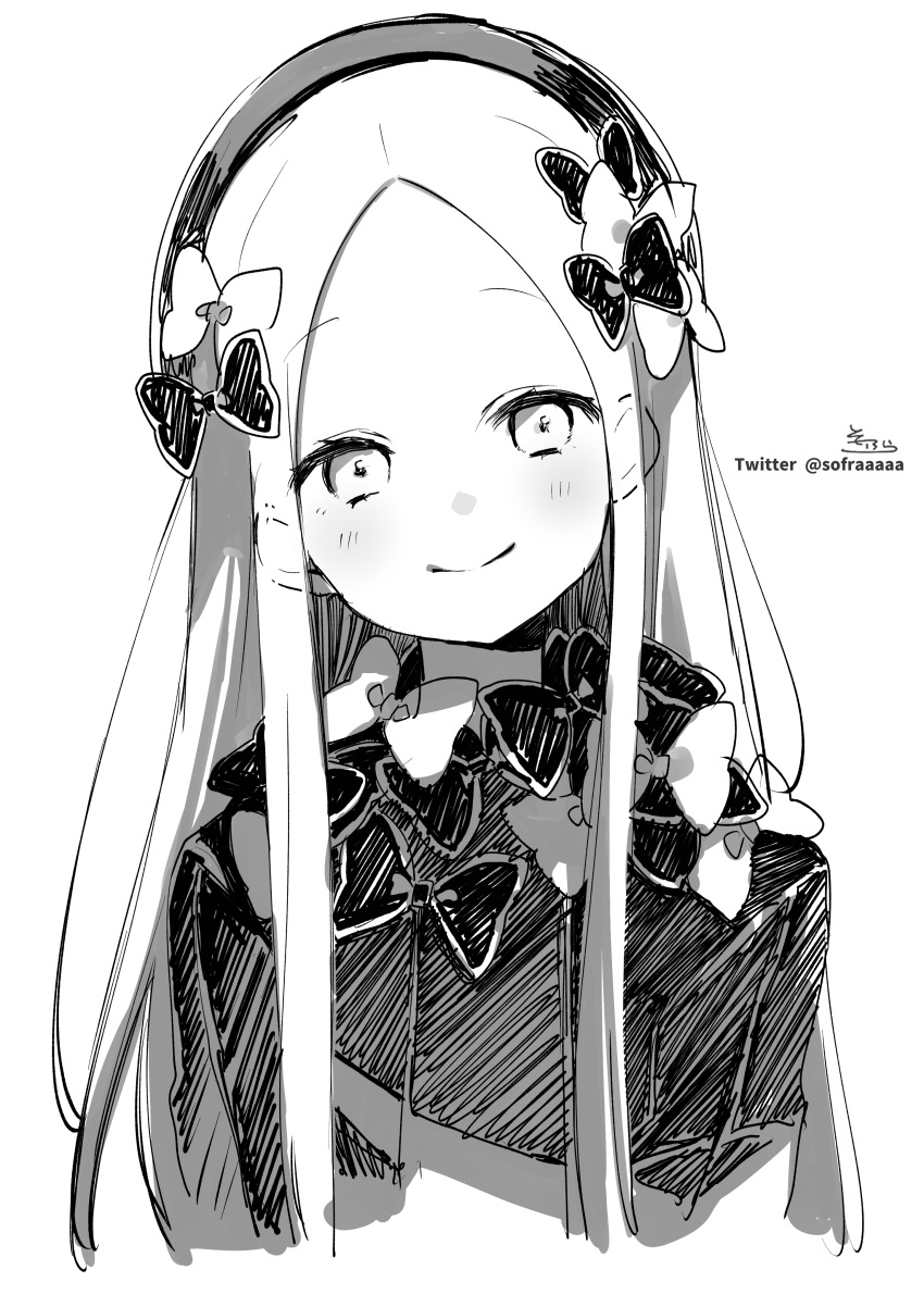 1girl abigail_williams_(fate) absurdres bangs blush bow closed_mouth cropped_torso dress fate/grand_order fate_(series) forehead greyscale hair_bow hat highres long_hair looking_at_viewer monochrome parted_bangs signature simple_background smile sofra solo twitter_username upper_body white_background
