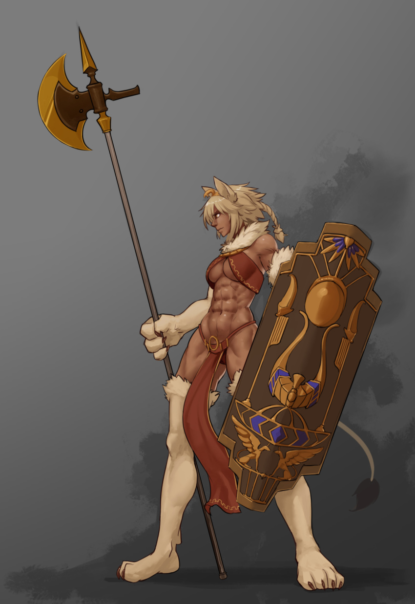 1girl abs animal_ears animal_hands axe bangs biceps blonde_hair braid breasts cat_ears claws dark-skinned_female dark_skin egyptian egyptian_clothes egyptian_mythology full_body fur gold_trim hair_ornament halter_top halterneck highres jewelry large_breasts less lion_tail midriff monster_girl_encyclopedia muscular muscular_female mythological_creature navel non-web_source obliques original red_ribbon ribbon sekhmet shield solo spread_legs stomach tail tan thighs toned weapon