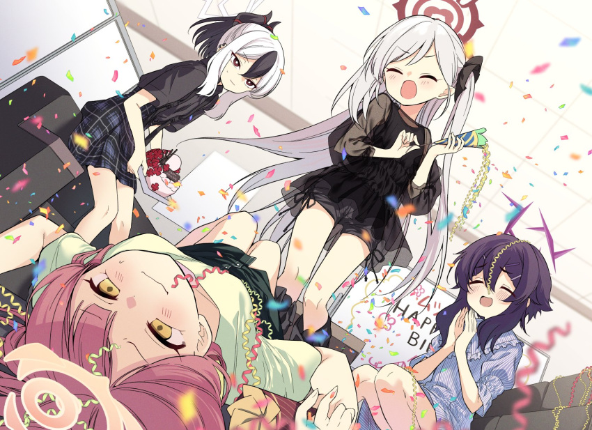 4girls aru_(blue_archive) bangs birthday black_hair blue_archive bright_pupils cake closed_eyes confetti couch food hair_ornament hairpin halo happy_birthday haruka_(blue_archive) highres indoors kayoko_(blue_archive) long_hair lying multiple_girls mutsuki_(blue_archive) nogiwa_kaede on_back open_mouth party pink_hair plaid plaid_skirt purple_hair red_eyes see-through see-through_sleeves short_hair skirt table wavy_mouth whiteboard yellow_eyes