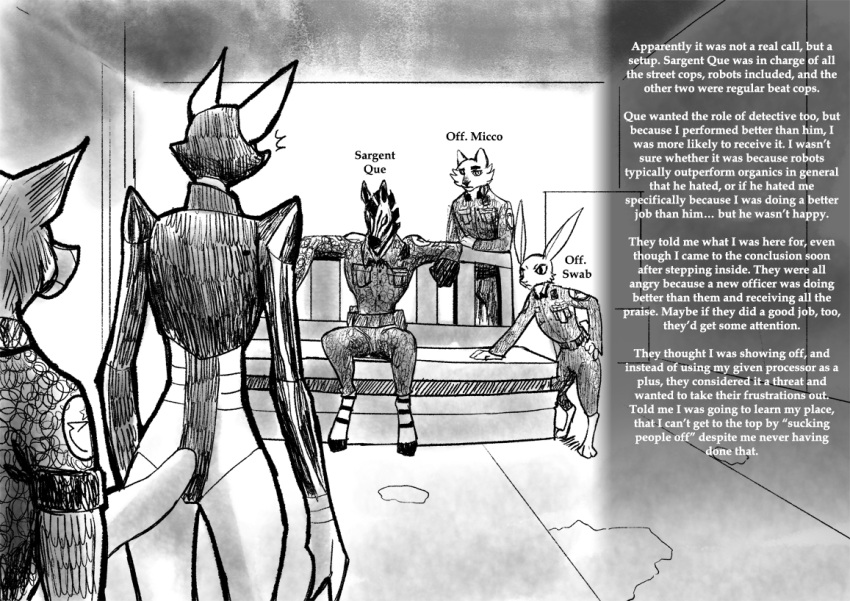 anthro black_suit canid canine canis character_name clothing comic english_text equid equine female fox fur grimart group hand_on_hip hooves lagomorph leporid long_ears machine male mammal micco_(grimart) monochrome multicolored_body multicolored_fur noctua_(grimart) paws police police_officer police_uniform rabbit robot sitting swab_(grimart) text two_tone_body two_tone_fur uniform white_body wolf zebra