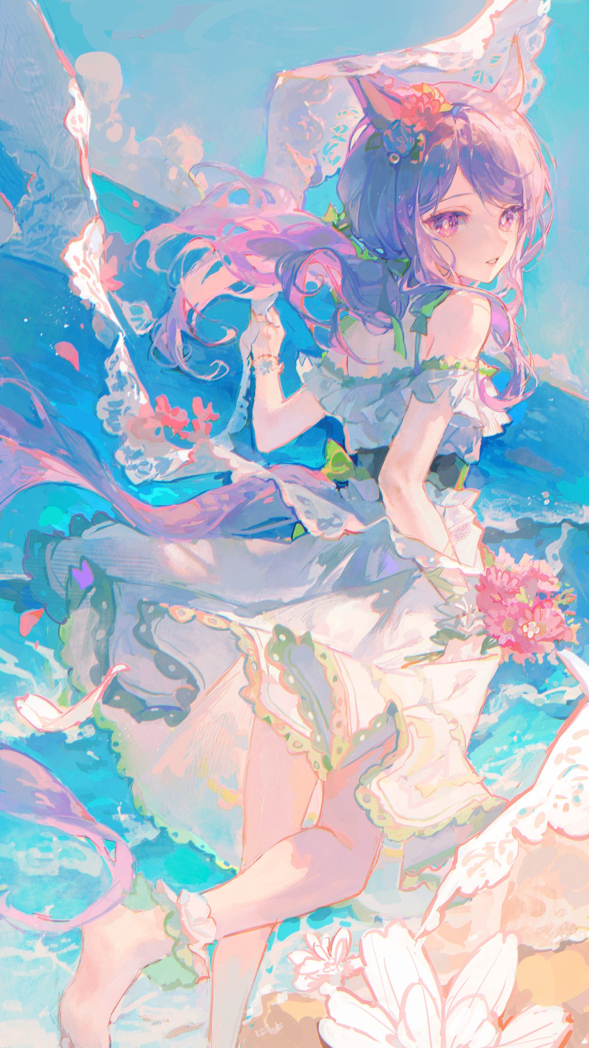 1girl absurdres animal_ears bare_shoulders barefoot bouquet dress flower foot_out_of_frame from_behind highres horizon horse_ears light_smile long_hair looking_at_viewer maccha_(mochancc) mejiro_mcqueen_(ripple_fairlady)_(umamusume) mejiro_mcqueen_(umamusume) off-shoulder_dress off_shoulder solo teeth umamusume water