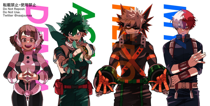 1girl 3boys :d background_text baggy_pants bakugou_katsuki bangs belt blonde_hair blush_stickers bodysuit boku_no_hero_academia brown_eyes brown_hair burn_scar commentary copyright_name cowboy_shot english_commentary english_text explosive eye_mask freckles gloves green_bodysuit green_eyes green_gloves green_hair grenade grin hair_between_eyes headgear heterochromia high_collar highres kanji lineup long_sleeves looking_at_viewer midoriya_izuku multicolored_hair multiple_boys naajuunaa neck_brace official_alternate_costume open_hand open_mouth orange_gloves outstretched_arms pants parted_hair parted_lips red_eyes sanpaku scar scar_on_face short_hair sidelocks skin_tight smile spiked_hair split-color_hair steepled_fingers straight-on straight_hair teeth text_focus todoroki_shouto transparent turtleneck twitter_username two-tone_gloves two-tone_hair upper_teeth uraraka_ochako utility_belt v-shaped_eyebrows vest white_background white_gloves wrist_guards