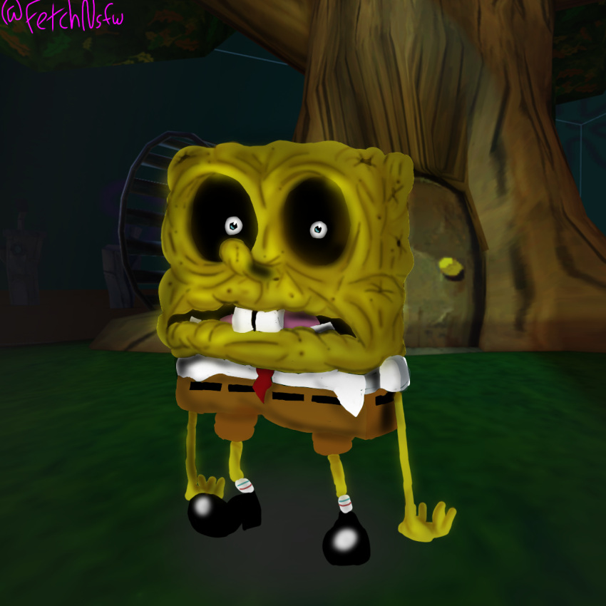 3d_(artwork) creepypasta dehydration digital_media_(artwork) eyes_in_darkness friday_night_funkin' hi_res male nickelodeon nightzombie plant solo sponge spongebob_squarepants spongebob_squarepants_(character) tree