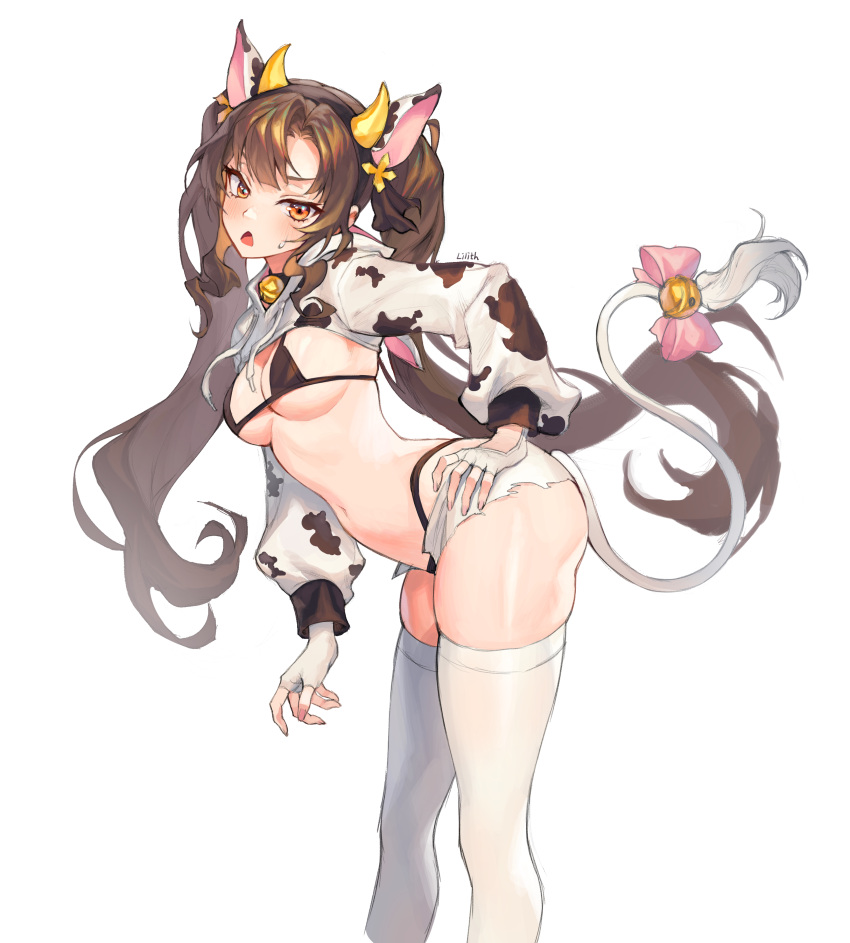 1girl absurdres animal_ears artist_name asymmetrical_bangs bangs bell bikini black_bikini blush breasts brown_hair cow_ears cow_tail fake_animal_ears feet_out_of_frame fingerless_gloves gloves hairband hand_on_hip highres hood hood_down horns leaning_forward lilithmy lily_bloomerchen long_hair looking_at_viewer looking_to_the_side medium_breasts micro_bikini navel neck_bell open_mouth orange_eyes shorts shrug_(clothing) simple_background soul_worker standing string_bikini sweatdrop swimsuit tail tail_bell tail_ornament thighhighs twintails white_background white_gloves white_shorts white_thighhighs