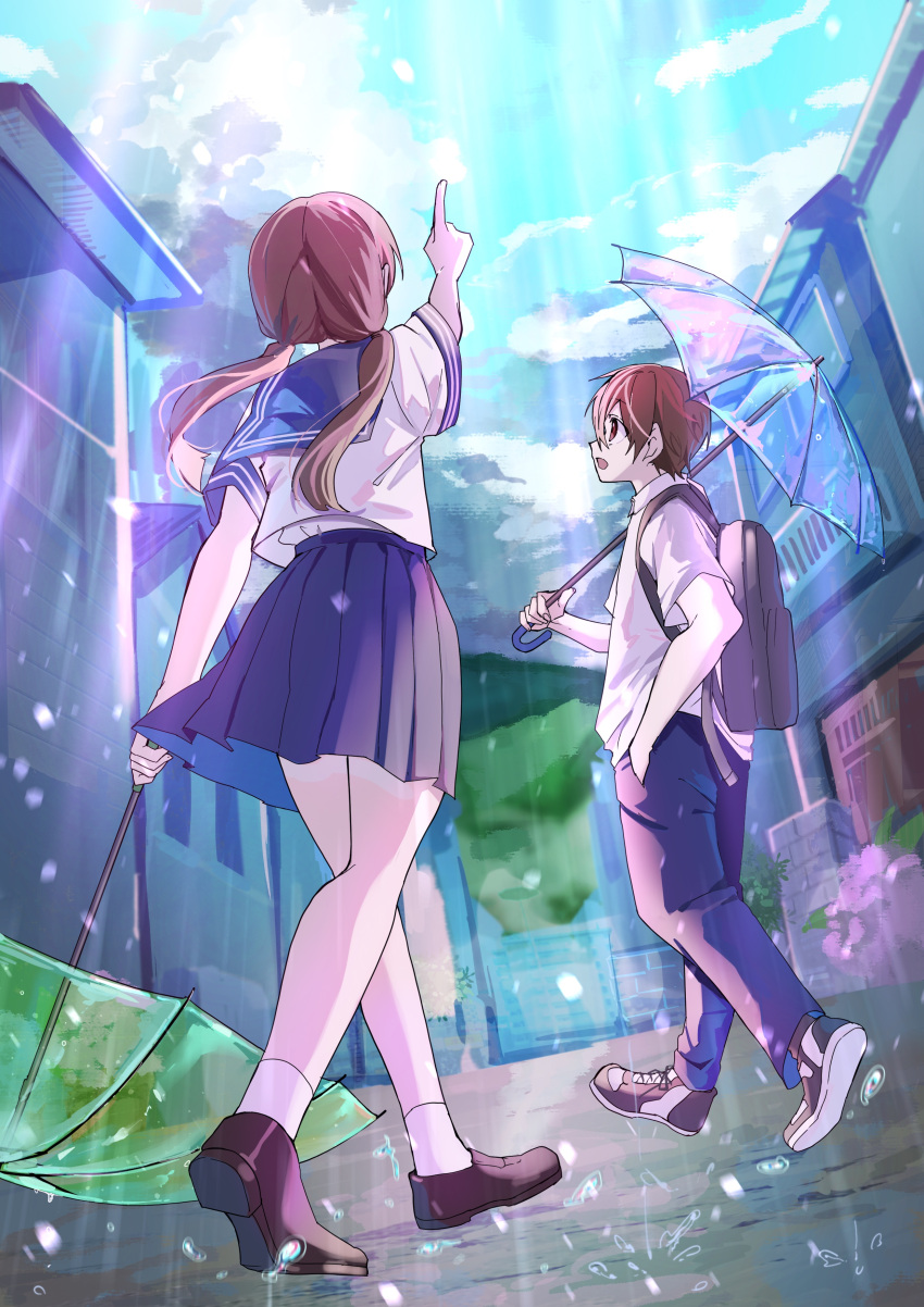 1boy 1girl :d absurdres backpack bag bangs brown_eyes brown_hair city collared_shirt day flower from_behind highres holding holding_umbrella hydrangea light_rays loafers long_hair looking_up low_twintails maruiusausagi open_mouth original outdoors pointing pointing_up rain school_uniform serafuku shirt shoes short_hair short_sleeves sky smile sneakers socks transparent transparent_umbrella twintails umbrella walking
