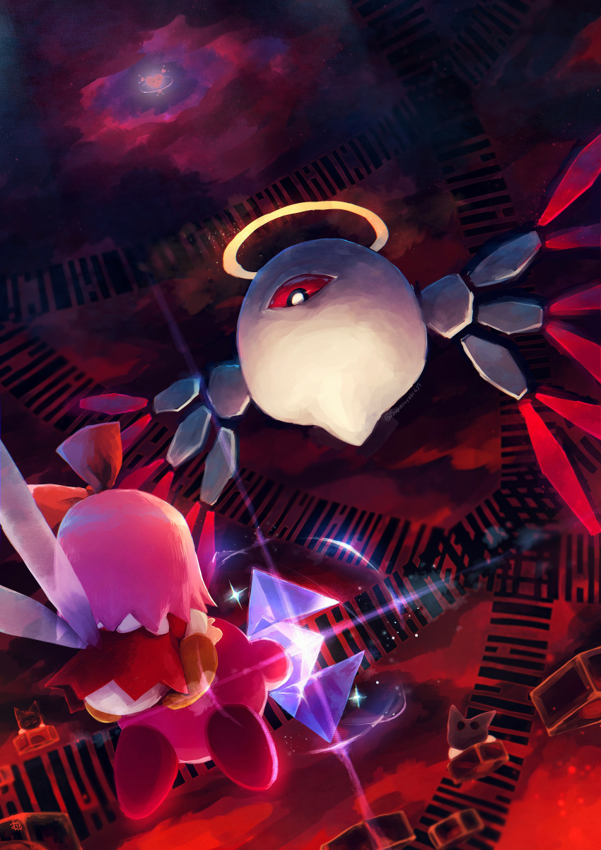 absurdres barcode battle cloud dark_clouds fairy fairy_wings flying from_behind glint gun halo highres holding holding_gun holding_weapon kirby kirby_(series) kirby_64 n-z one-eyed pink_hair red_eyes ribbon_(kirby) ripple_star short_hair suyasuyabi tail weapon wings zero_two_(kirby)