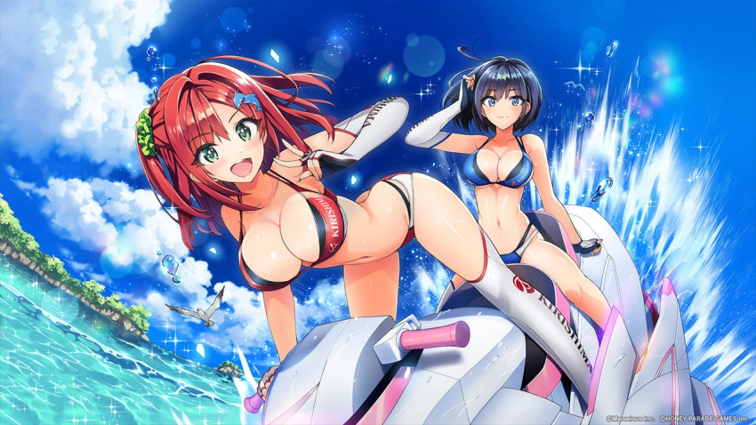 :d bikini blue_bikini blue_hair bob_cut breasts cleavage copyright dolphin_hair_ornament dolphin_wave elbow_gloves fingerless_gloves game_cg gloves green_eyes green_scrunchie hair_ornament hair_scrunchie jet_ski large_breasts looking_at_viewer navel official_art one_side_up red_bikini red_hair sakimiya_iruka scrunchie short_hair single_elbow_glove single_thighhigh smile swimsuit thighhighs third-party_source tojou_michiru v white_gloves white_thighhighs