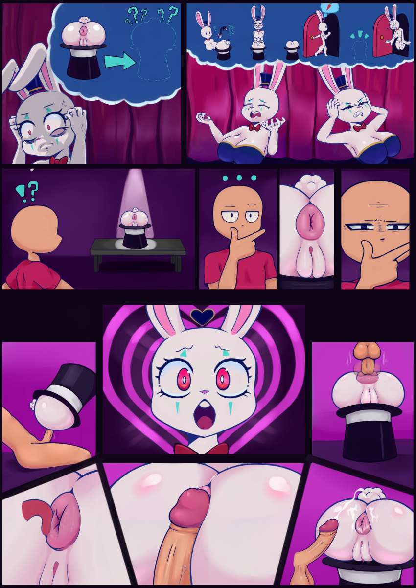 &lt;3 absurd_res anal anal_penetration anthro bald big_breasts bodily_fluids breasts butt clothing comic confusion cum cum_on_butt curtains_closed female frustrated fur genital_fluids genitals hat headgear headwear hi_res huge_breasts human humanoid_genitalia humanoid_penis lagomorph leotard leporid magic magician male male/female mammal nebssik non-euclidean_sex oral penetration penile penile_penetration penis portal_sex pussy rabbit rimming sex thinking_with_portals top_hat white_body white_fur