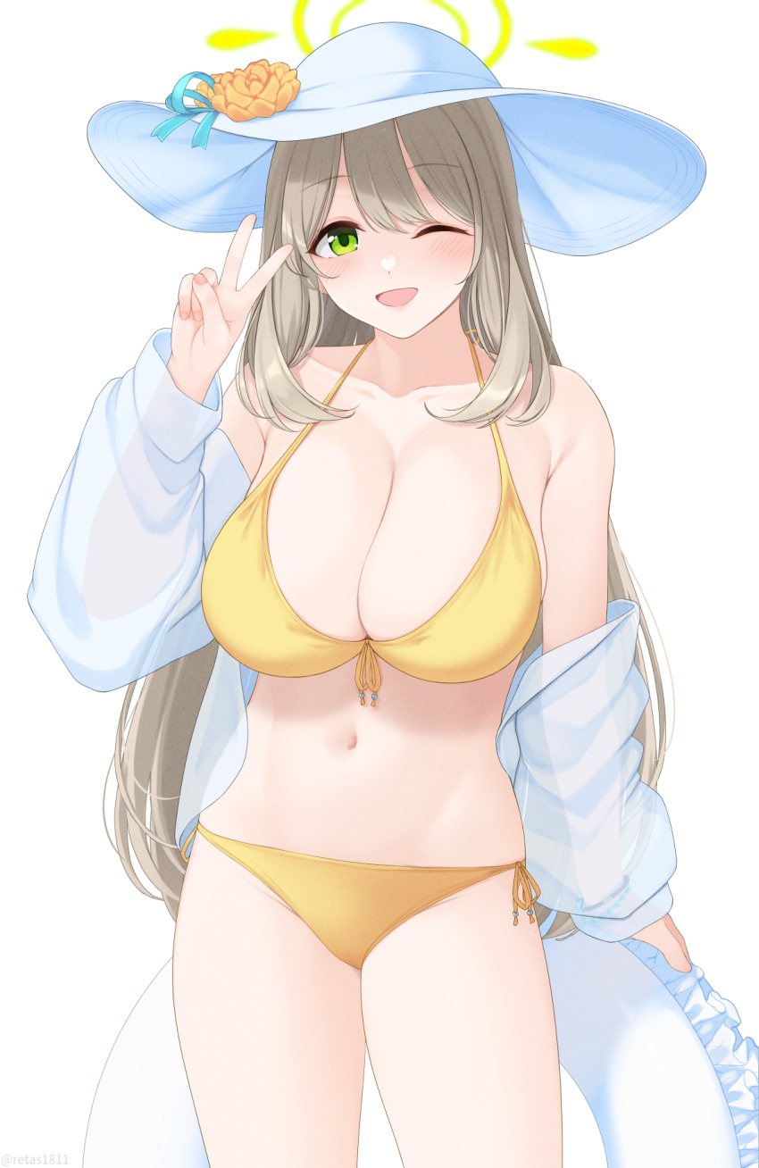 1girl ;d bikini blue_archive blush breasts brown_hair collarbone fingernails flower_hat green_eyes halo hand_up hat highres holding large_breasts long_hair looking_at_viewer momoiro_lettuce navel nonomi_(blue_archive) one_eye_closed smile solo standing swimsuit thighs twitter_username v white_headwear yellow_bikini