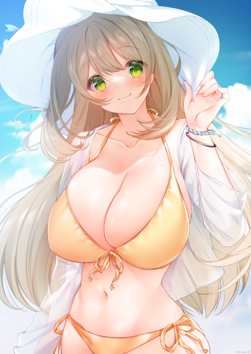 1girl arm_up bikini blue_archive blue_sky blush bracelet breasts brown_hair cleavage closed_mouth cloud collarbone day drop.b front-tie_bikini front-tie_top green_eyes hand_on_headwear hat highres huge_breasts jewelry long_hair looking_at_viewer navel nonomi_(blue_archive) open_clothes open_shirt outdoors see-through see-through_shirt shirt side-tie_bikini sky smile solo stomach sun_hat swimsuit tareme white_headwear white_shirt yellow_bikini