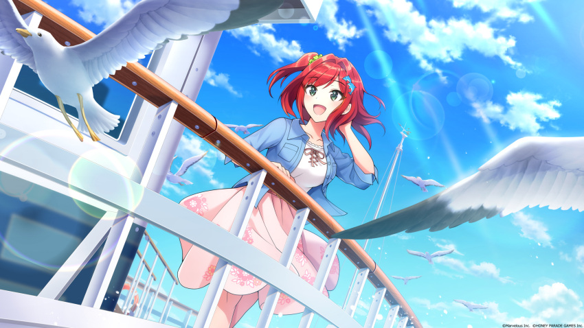 1girl :d bird blue_shirt breasts copyright dolphin_hair_ornament dolphin_wave game_cg green_eyes green_scrunchie hair_ornament hair_scrunchie hand_in_own_hair highres large_breasts lens_flare official_art one_side_up pink_skirt red_hair sakimiya_iruka scrunchie seagull shirt short_hair skirt smile solo white_shirt