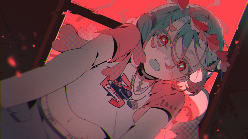 1girl absurdres aqua_hair blue_skirt blue_tongue colored_tongue commentary cropped_shirt food-themed_hair_ornament from_below hair_ornament hatsune_miku head_wreath heart heart-shaped_pupils heart_hair_ornament highres indoors jewelry multicolored_hair mushroom_hair_ornament necklace omutatsu pink_hair pink_sleeves red_eyes red_sky shirt short_sleeves skirt sky solo stitches symbol-shaped_pupils twintails two-tone_hair vocaloid white_shirt window zombie zombie_(vocaloid)