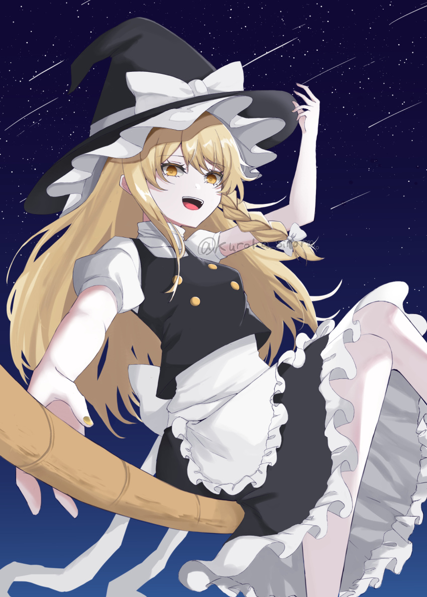 1girl :d apron bangs black_headwear black_vest blonde_hair bow braid broom broom_riding falling_star hair_bow hat hat_bow highres kirisame_marisa kuro_wa_shinoru long_hair looking_at_viewer maid_apron night night_sky open_mouth puffy_short_sleeves puffy_sleeves short_sleeves side_braid single_braid sky smile solo star_(sky) starry_sky touhou twitter_username vest white_apron white_bow witch_hat yellow_eyes yellow_nails