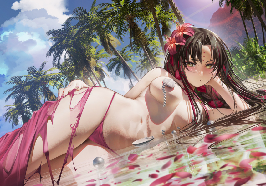 1girl bangs bare_shoulders beach bikini black_hair blush bracelet braid breasts chest_tattoo cleavage facial_mark fate/grand_order fate_(series) flower forehead_mark hair_flower hair_ornament highres jewelry large_breasts long_hair looking_at_viewer lying multicolored_hair nanaken_nana navel necklace on_side palm_tree parted_bangs pearl_bracelet pearl_necklace pink_bikini pink_hair sarong sesshouin_kiara sesshouin_kiara_(swimsuit_mooncancer) sesshouin_kiara_(swimsuit_mooncancer)_(first_ascension) shell_necklace shore solo streaked_hair swimsuit tattoo thighs tree twin_braids very_long_hair water wet yellow_eyes