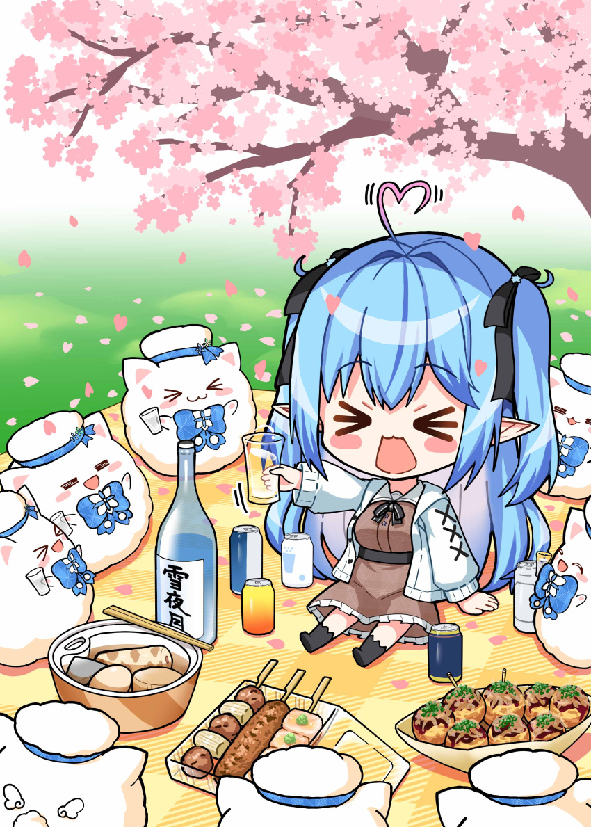 &gt;_&lt; 1girl 6+others :3 :d =_= absurdres ahoge alcohol arm_support beer_can blue_hair blush_stickers can cherry_blossoms chibi cup drinking_glass food_request hair_ribbon heart heart_ahoge highres hololive liquor long_hair multiple_others outdoors picnic pointy_ears ribbon sitting smile tree uehiro virtual_youtuber xd yukihana_lamy yukimin_(yukihana_lamy)