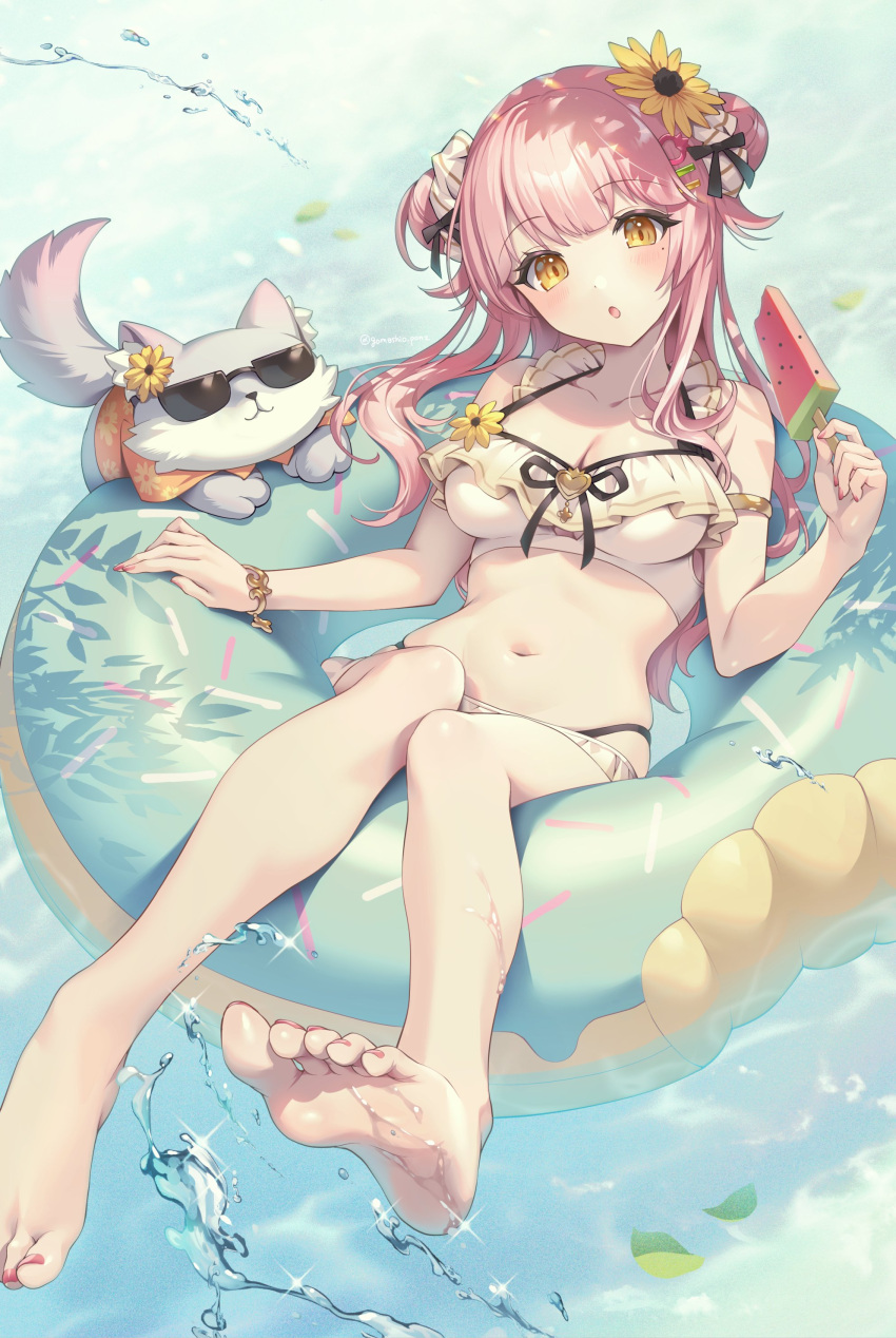 1girl absurdres animal bare_legs bare_shoulders barefoot bikini blush bracelet breasts cleavage collarbone dog double_bun feet flower food frilled_bikini frills goggles gomashio_ponz hair_bun hair_flower hair_ornament halterneck highres holding holding_food indie_virtual_youtuber innertube jewelry large_breasts leaning_back long_hair looking_at_viewer medium_breasts merun_morino mole mole_under_eye navel parted_lips pink_hair pool sitting skindentation soles solo stomach string_bikini sunflower swimsuit toes virtual_youtuber water water_drop wet white_bikini yellow_eyes