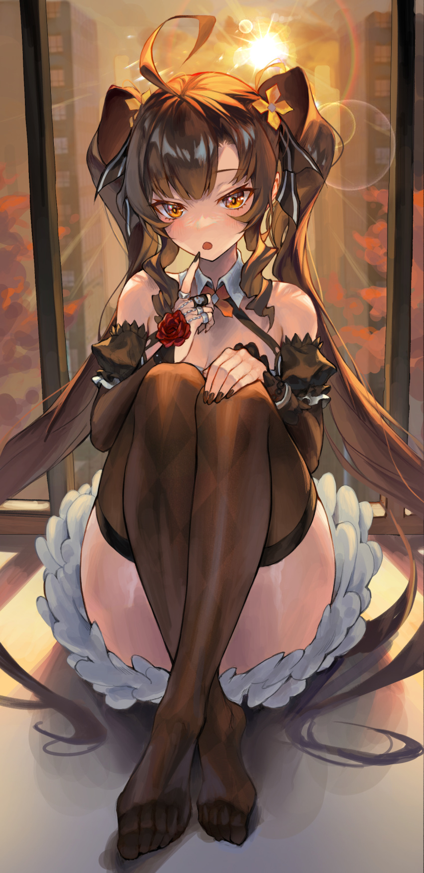 1girl absurdres ahoge bangs bare_shoulders black_dress black_thighhighs blush breasts brown_hair cleavage crossed_legs detached_sleeves dress full_body highres index_finger_raised indoors jewelry lilithmy lily_bloomerchen long_hair looking_at_viewer no_shoes open_mouth ring sidelocks sitting soul_worker strapless strapless_dress thighhighs twintails window yellow_eyes
