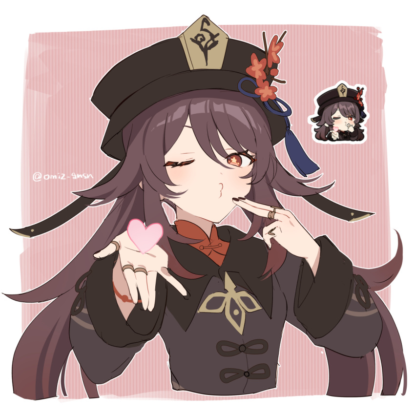 1girl bangs black_headwear black_nails blowing_kiss bracelet brown_hair commentary cropped_torso flower flower-shaped_pupils genshin_impact genshin_impact_sticker_redraw_(meme) hair_between_eyes hat hat_flower heart highres hu_tao_(genshin_impact) jewelry long_hair long_sleeves looking_at_viewer low_twintails meme miz_003 multiple_rings multiple_views nail_polish o3o one_eye_closed plum_blossoms puckered_lips red_eyes reference_inset ring simple_background symbol-only_commentary symbol-shaped_pupils tassel twintails upper_body