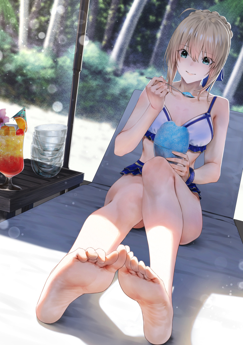 1girl ahoge alternate_costume artoria_pendragon_(fate) artoria_pendragon_(swimsuit_archer)_(fate) bangs barefoot beach beach_chair blonde_hair braid breasts closed_mouth commentary_request fate/grand_order fate_(series) full_body green_eyes highres long_hair looking_at_viewer mugetsu2501 outdoors saber shaved_ice solo spoon swimsuit