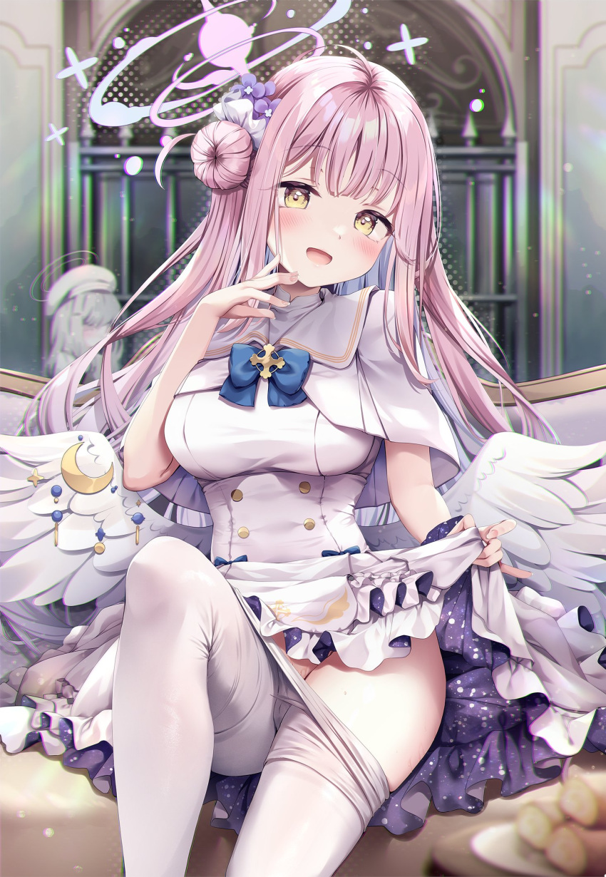 1girl angel_wings blue_archive blue_bow bow capelet clothes_lift clothes_pull dress feathered_wings flower frilled_dress frills hair_bun hair_flower hair_ornament halo highres kinokomushi lifted_by_self long_hair low_wings mika_(blue_archive) pantyhose pantyhose_pull pink_hair scrunchie single_hair_bun single_side_bun sitting skirt skirt_lift sleeveless sleeveless_dress thighhighs very_long_hair white_capelet white_dress white_wings wings wrist_scrunchie yellow_eyes