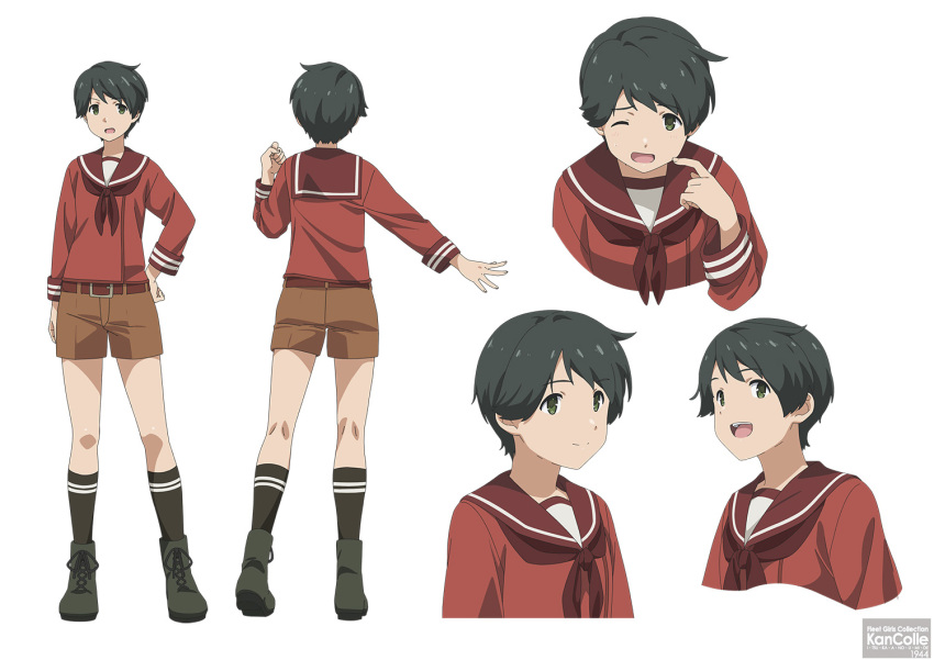 1girl artist_request black_footwear black_hair black_socks boots brown_neckerchief brown_sailor_collar brown_serafuku brown_shorts character_chart commentary_request cross-laced_footwear full_body green_eyes kantai_collection lace-up_boots long_sleeves looking_at_viewer mogami_(kancolle) multiple_views neckerchief official_art sailor_collar school_uniform serafuku short_hair shorts simple_background socks standing upper_body white_background