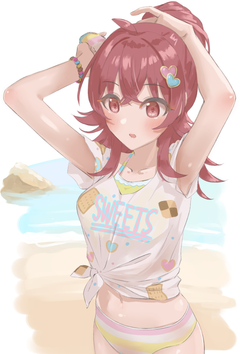 1girl absurdres adjusting_hair ahoge arms_up bangs beach bead_bracelet beads bikini bikini_bottom_only blush bracelet breasts collarbone commentary hair_between_eyes hair_ornament heart heart_hair_ornament highres idolmaster idolmaster_shiny_colors jewelry komiya_kaho long_hair looking_away medium_breasts midriff navel ocean open_mouth ponytail print_shirt red_eyes red_hair shirt short_sleeves solo striped striped_bikini swimsuit tied_shirt umirororo upper_body white_background white_shirt