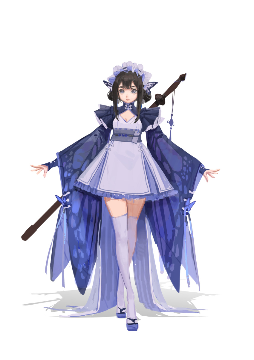 1girl absurdres black_hair blue_eyes blue_theme butterfly_hair_ornament butterfly_ornament butterfly_wings chinese_clothes cleavage_cutout clothing_cutout crossed_legs dlgeria double_bun dress fake_wings frilled_hairband frills full_body geta hair_bun hair_ornament hairband highres long_sleeves original sash shadow short_dress shrug_(clothing) sidelocks simple_background solo standing sword thighhighs toggles train_(clothing) updo weapon weapon_on_back white_background white_dress white_thighhighs wide_sleeves wings zettai_ryouiki