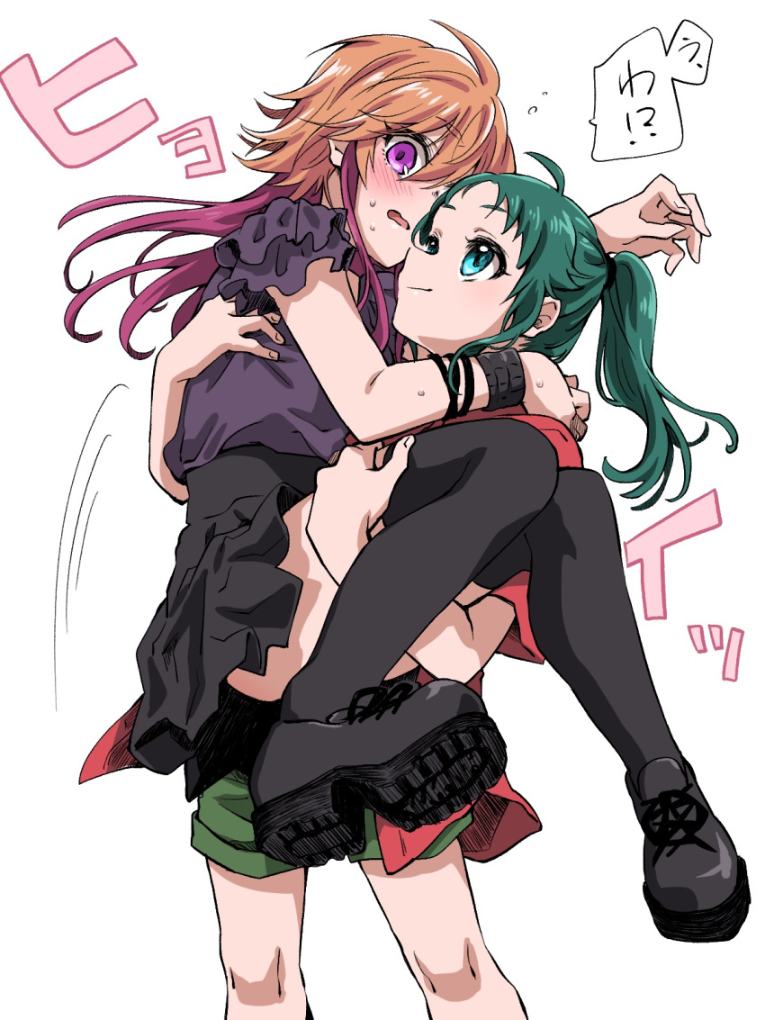 2girls ayunyan_pere black_shirt black_skirt blue_eyes bracelet brown_hair carrying closed_mouth green_hair green_shorts highres idolmaster idolmaster_cinderella_girls jewelry layered_sleeves long_hair miniskirt multicolored_hair multiple_girls nanjo_hikaru ninomiya_asuka open_mouth pink_eyes pleated_skirt ponytail red_hair shiny shiny_hair shirt short_shorts short_sleeves shorts skirt speech_bubble sweatdrop thighhighs two-tone_hair wavy_mouth yuri zettai_ryouiki