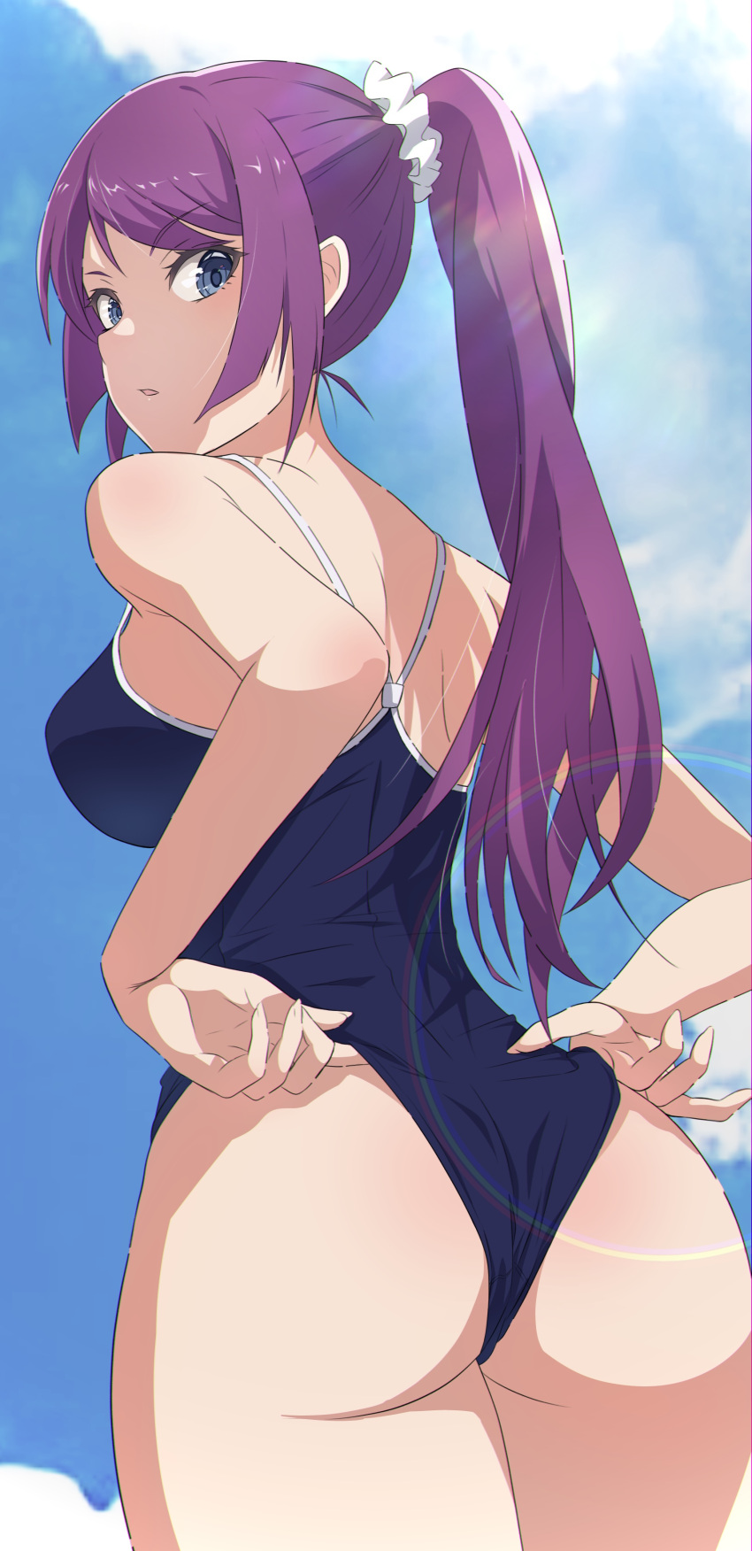 absurdres ass bangs blue_eyes blue_sky blue_swimsuit breasts camui1104 circle clothes_pull cloud commentary_request competition_school_swimsuit competition_swimsuit from_behind from_below high_ponytail highleg highleg_swimsuit highres large_breasts light_rays long_hair looking_back monogatari_(series) one-piece_swimsuit ponytail purple_hair rainbow school_swimsuit senjougahara_hitagi sky swept_bangs swimsuit swimsuit_pull wedgie