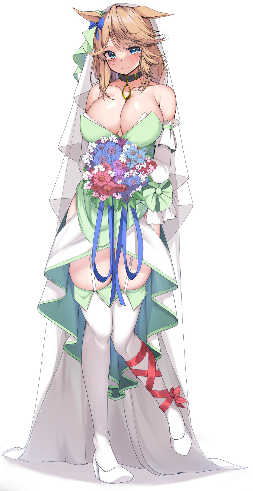 1girl absurdres animal_ears bare_shoulders black_collar blue_bow blue_eyes bouquet bow breasts brown_hair cleavage closed_mouth collar collarbone commission dress elbow_gloves flower full_body garter_straps gloves gold_city_(umamusume) hair_bow highres holding holding_bouquet horse_ears horse_girl kshimu large_breasts looking_at_viewer shoes simple_background skeb_commission smile solo standing standing_on_one_leg thighhighs thighs umamusume wedding_dress white_background white_footwear white_gloves white_thighhighs