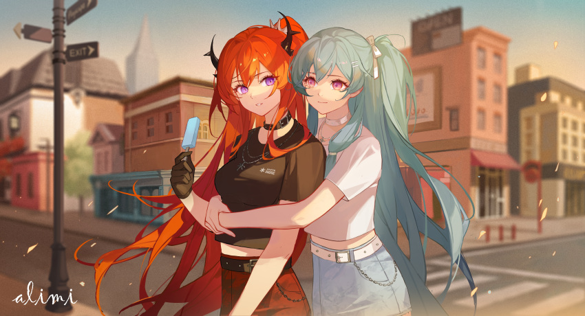 2girls absurdres arknights bangs black_choker black_gloves black_shirt blue_sky building choker commentary_request food gloves hair_ribbon hand_up highres holding holding_food horns hug hug_from_behind jewelry long_hair looking_at_another midriff molianmengdada multiple_girls necklace official_alternate_costume one_side_up original outdoors parted_lips popsicle purple_eyes red_hair red_skirt ribbon road road_sign shirt short_sleeves sign skirt sky smile surtr_(arknights) surtr_(liberte_echec)_(arknights) very_long_hair white_choker white_ribbon white_shirt