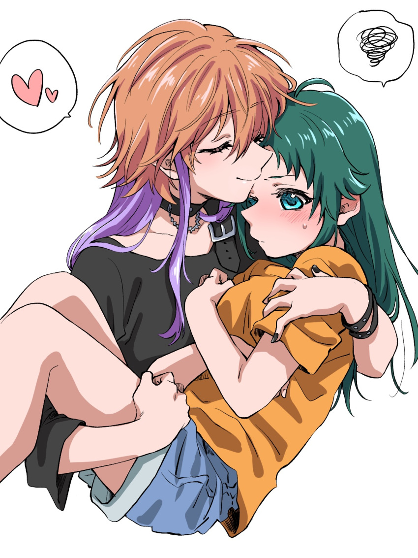 2girls ayunyan_pere bare_legs black_choker black_nails black_shirt blue_eyes blush bracelet brown_hair carrying choker closed_eyes closed_mouth collarbone green_hair grey_shorts heart highres idolmaster idolmaster_cinderella_girls jewelry long_hair multicolored_hair multiple_girls nail_polish nanjo_hikaru ninomiya_asuka princess_carry purple_hair shiny shiny_hair shirt short_shorts short_sleeves shorts sketch smile speech_bubble spoken_heart straight_hair sweatdrop two-tone_hair white_background yellow_shirt yuri