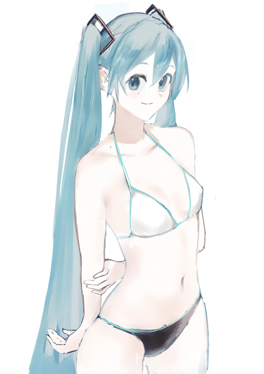 1girl absurdres arms_behind_back bangs bare_legs bare_shoulders bikini bikini_top_only black_bikini blue_eyes blue_hair breasts cleavage closed_mouth collarbone cowboy_shot hair_between_eyes hair_ornament hatsune_miku highres long_hair looking_at_viewer mismatched_bikini navel potetoneko sketch small_breasts smile solo swimsuit twintails very_long_hair vocaloid white_background white_bikini