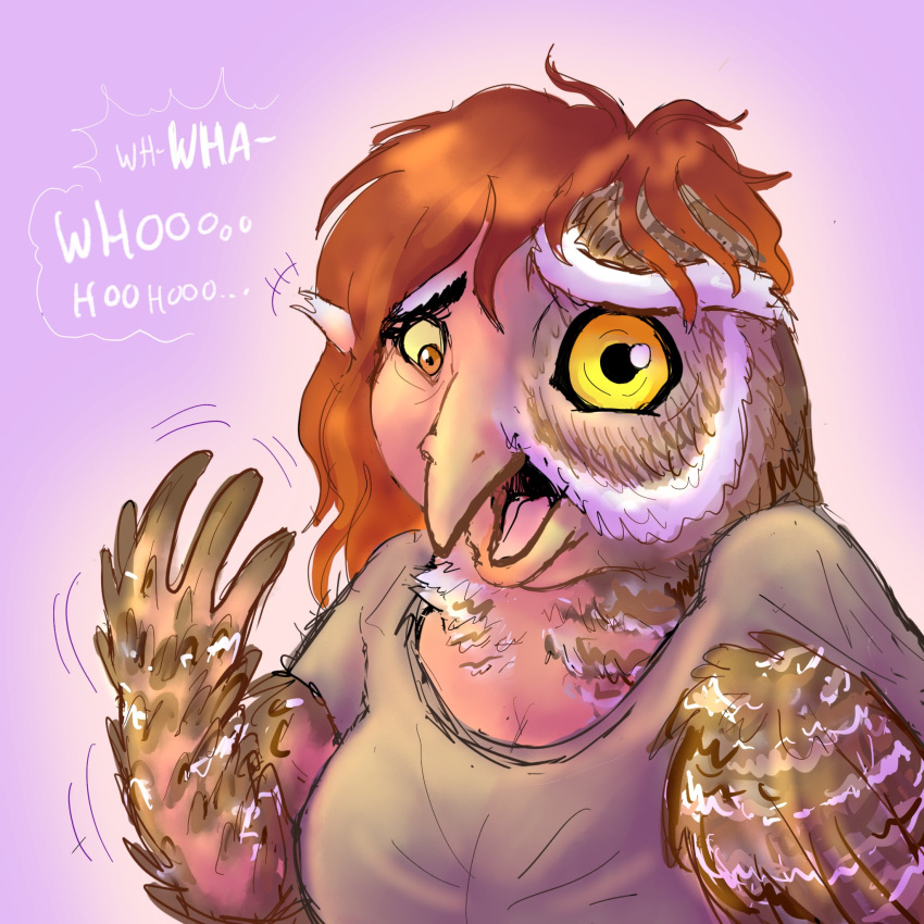 2022 avian beak bird breasts clothing dialogue digital_media_(artwork) feather_growth feathers female growth hair hi_res human looking_at_viewer mammal open_mouth owl shirt shocked simple_background solo species_transformation surprise tf4me topwear transformation yellow_sclera