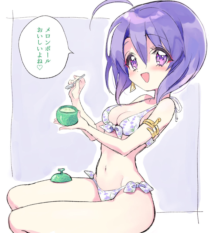 1girl ahoge bikini blush breasts cleavage earrings fang floral_print food fruit highres jashin-chan_dropkick jewelry medusa_(jashin-chan_dropkick) navel official_art open_mouth purple_eyes purple_hair side-tie_bikini small_breasts smile solo spoon swimsuit translation_request yukiwo