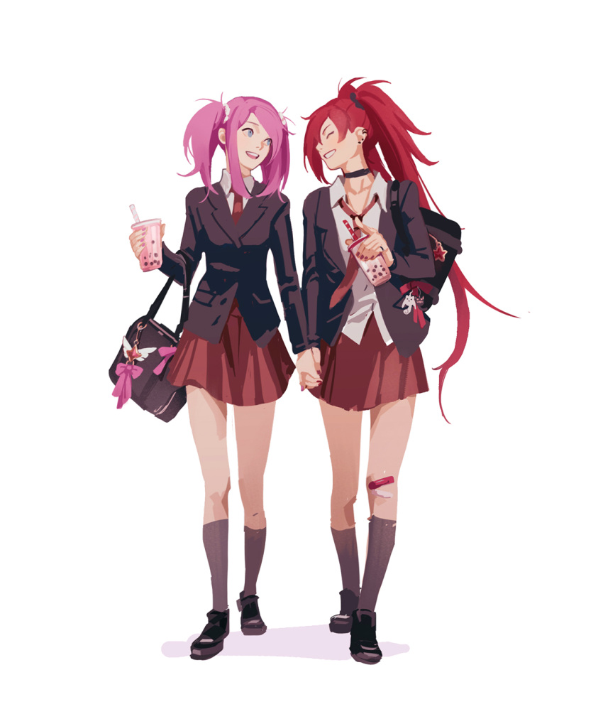 2girls alternate_costume alternate_hair_color alternate_hairstyle artist_request bangs blush hair_ornament highres holding_hands jinx_(league_of_legends) league_of_legends long_hair lux_(league_of_legends) multiple_girls open_mouth pink_hair purple_eyes red_hair school_uniform smile star_(symbol) star_guardian_(league_of_legends) star_guardian_jinx star_guardian_lux thighhighs twintails very_long_hair yuri