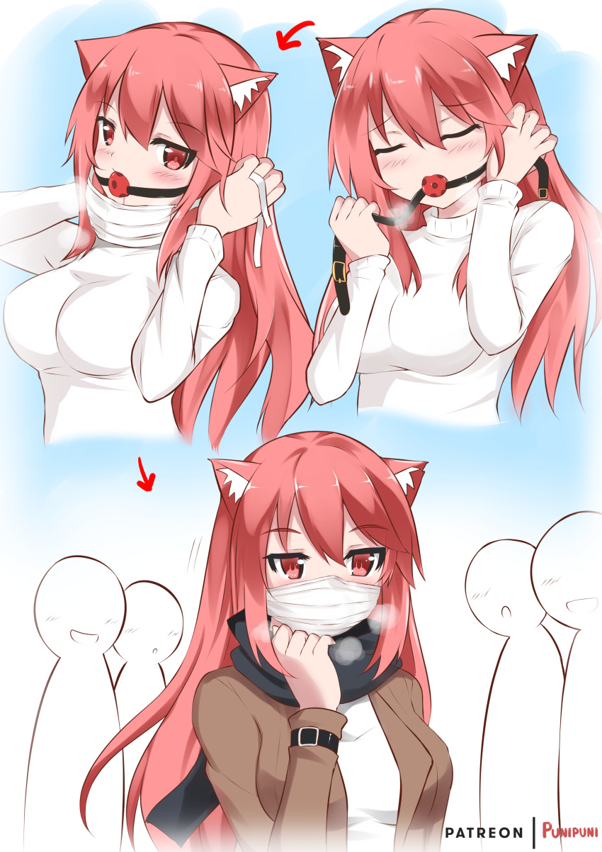 1girl absurdres animal_ear_fluff animal_ears ball_gag black_scarf blush breath cat_ears catstudioinc_(punepuni) commentary directional_arrow english_commentary eyebrows_visible_through_hair eyes_closed gag hair_between_eyes highres long_hair original puni_(miku_plus) red_eyes red_hair scarf surgical_mask sweater white_sweater