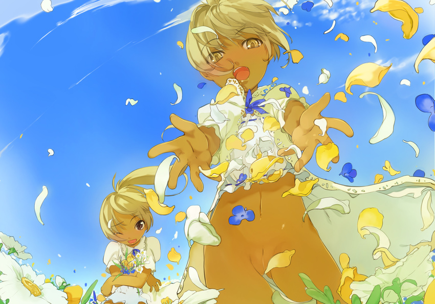 blonde_hair blue_flower blue_sky bottomless cleft_of_venus cloud cloudy_sky commentary_request dark_skin day field fisheye flower flower_field foreshortening half-closed_eyes horizon landscape looking_at_viewer maruku multiple_girls navel no_panties original outdoors outstretched_arms outstretched_hand petals ponytail reaching_out short_hair sky white_flower wind yellow_eyes yellow_flower
