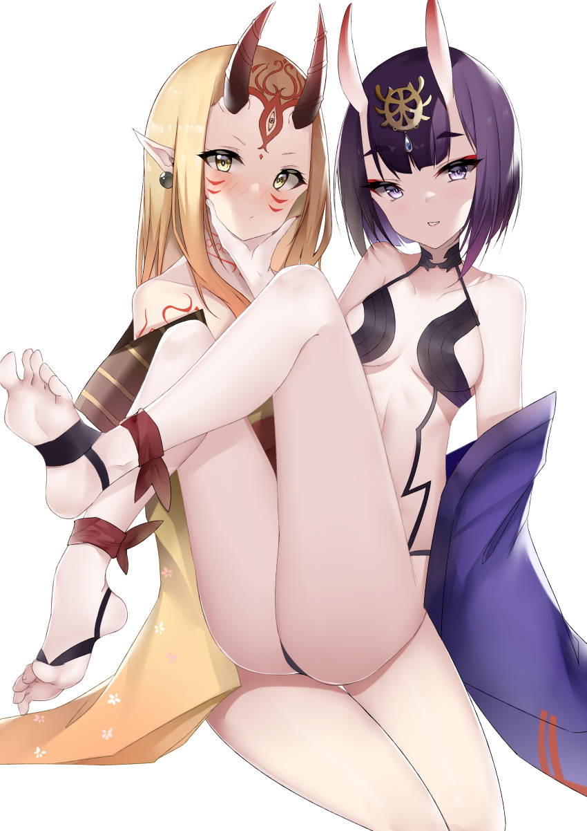 2girls absurdres arm_tattoo bangs bare_legs bare_shoulders barefoot bikini black_bikini black_swimsuit blonde_hair blush breasts closed_mouth collarbone commentary earrings facial_mark facial_tattoo fate/grand_order fate_(series) feet feet_out_of_frame hair_ornament hand_on_another's_chin highres horns ibaraki_douji_(fate) jewelry legs legs_up long_hair looking_at_viewer multiple_girls neck_tattoo oni_horns open_mouth pointy_ears purple_eyes purple_hair short_hair shuten_douji_(fate) sidelocks sitting sitting_on_person small_breasts smile soles swimsuit symbol-only_commentary tattoo thighs toes white_background yanwulazy yellow_eyes