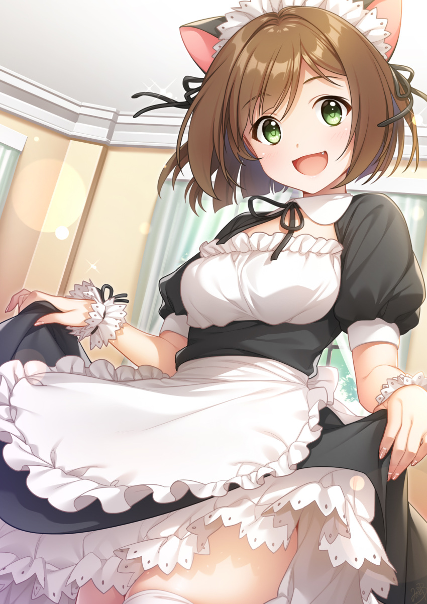 1girl animal_ears apron black_dress brown_hair cat_ears commentary_request dress dutch_angle fang frilled_apron frills green_eyes highres idolmaster idolmaster_cinderella_girls maekawa_miku maid maid_apron maid_headdress mikapoe puffy_short_sleeves puffy_sleeves short_hair short_sleeves skirt_hold solo thighs waist_apron white_apron wrist_cuffs zettai_ryouiki