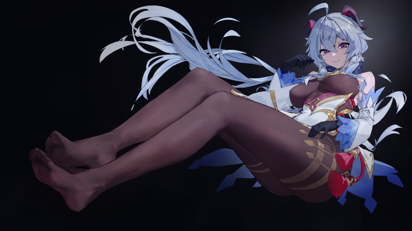 1girl absurdres ahoge bangs bare_shoulders bell black_gloves black_pantyhose blue_hair breasts breasts_apart covered_nipples detached_sleeves eggisalive feet full_body ganyu_(genshin_impact) genshin_impact gloves gold_trim highres horns legs long_hair looking_at_viewer low_ponytail medium_breasts neck_bell no_shoes pantyhose purple_eyes sidelocks sitting smile soles solo tassel thighlet thighs white_sleeves