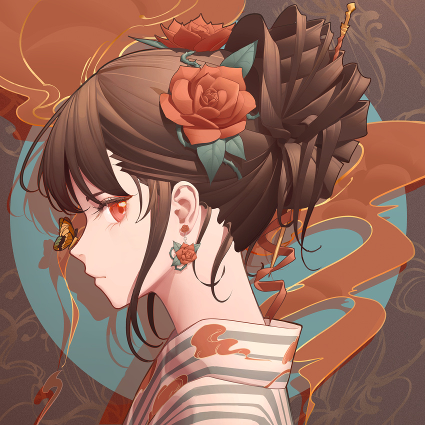 1girl bangs brown_hair bug butterfly butterfly_on_nose earrings expressionless flower flower_earrings from_side hair_bun hair_flower hair_ornament highres japanese_clothes jewelry kanzashi kimono komodo looking_to_the_side original profile red_eyes rose smoke solo traditional_clothes