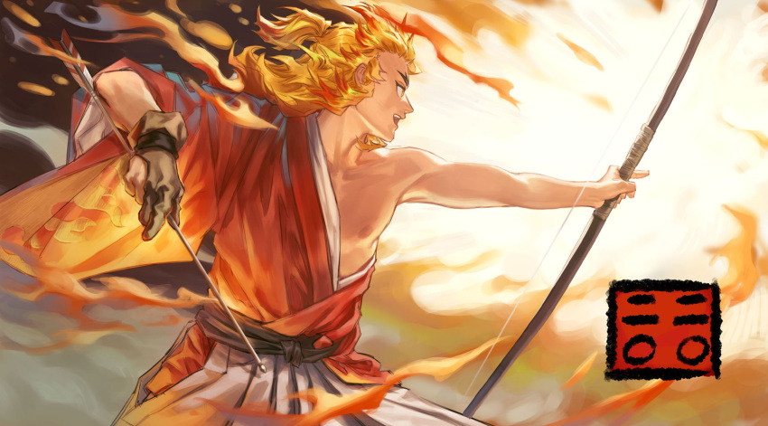 1boy 2020 archery arrow_(projectile) bare_arms bare_shoulders black_gloves blonde_hair bow_(weapon) colored_tips cowboy_shot fire flame_print floating_hair forked_eyebrows gloves hadanugi_dousa hakama highres hip_vent holding holding_bow_(weapon) holding_weapon japanese_clothes kimetsu_no_yaiba kimono kyuudou long_sleeves looking_away male_focus medium_hair multicolored_hair nipples open_mouth orange_kimono outstretched_arm outstretched_arms partially_fingerless_gloves profile qu4ntums0d4 red_hair rengoku_kyoujurou single_glove smile smoke solo streaked_hair weapon white_hakama wide_sleeves yellow_eyes yugake
