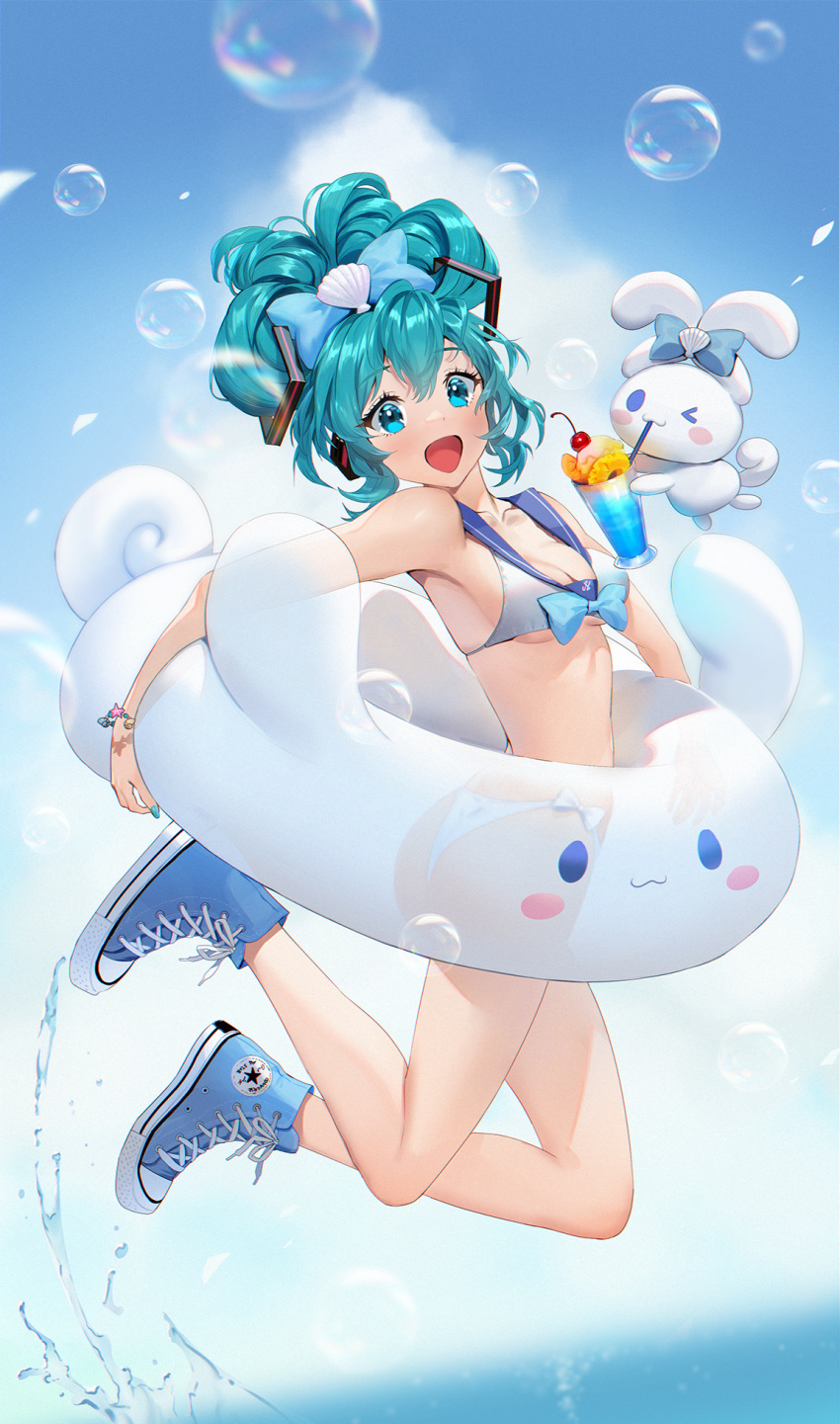 &gt;_o 1girl aqua_eyes aqua_skirt bangs bare_shoulders bikini blue_footwear bracelet breasts bubble cinnamiku cinnamoroll cleavage converse cup folded_twintails hatsune_miku high_tops highres holding holding_innertube innertube jewelry jumping mhk_(mechamania) one_eye_closed open_mouth sailor_collar sanrio shoes skirt small_breasts smile sneakers swimsuit tropical_drink updo vocaloid water white_bikini