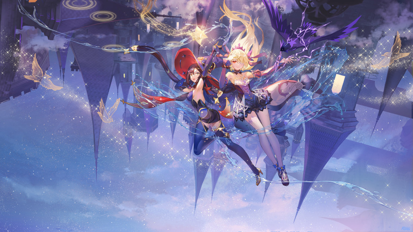 2girls :d armpits ass atdan bangs bare_shoulders bird black_gloves blonde_hair blue_thighhighs breasts cloud detached_sleeves dress english_commentary eyepatch fischl_(genshin_impact) genshin_impact gloves green_eyes hair_over_one_eye hat high_heels highres jewelry lightning long_hair looking_at_viewer magic mona_(genshin_impact) multiple_girls oz_(genshin_impact) purple_hair red_eyes ring sky smile star_(sky) starry_sky thighhighs tiara twintails very_long_hair water white_thighhighs witch_hat